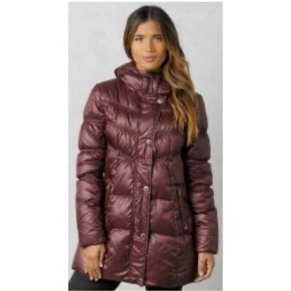 Prana Down Puffer Jacket Womens Medium Milly Full Zip Long Quilted Hooded Coat - Picture 1 of 11